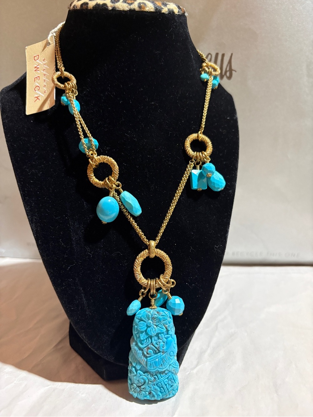 Stephen Dweck turquoise and copper Necklace with Turquoise Blue Carved Pendant